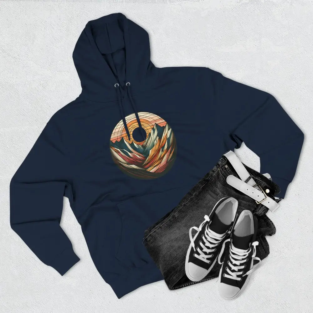 Navy blue three-panel fleece hoodie with mountain sunset graphic and kangaroo pouch pocket