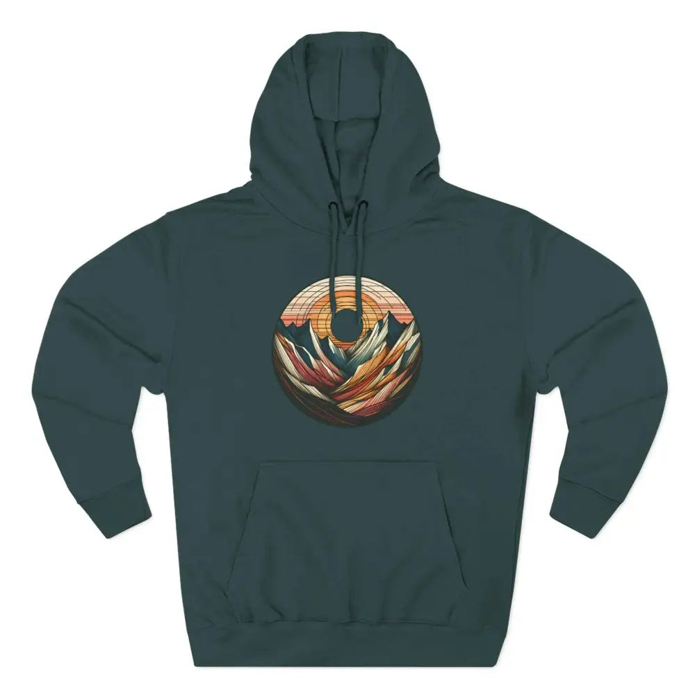 Dark teal three-panel fleece hoodie with colorful mountain sunset graphic and kangaroo pouch pocket