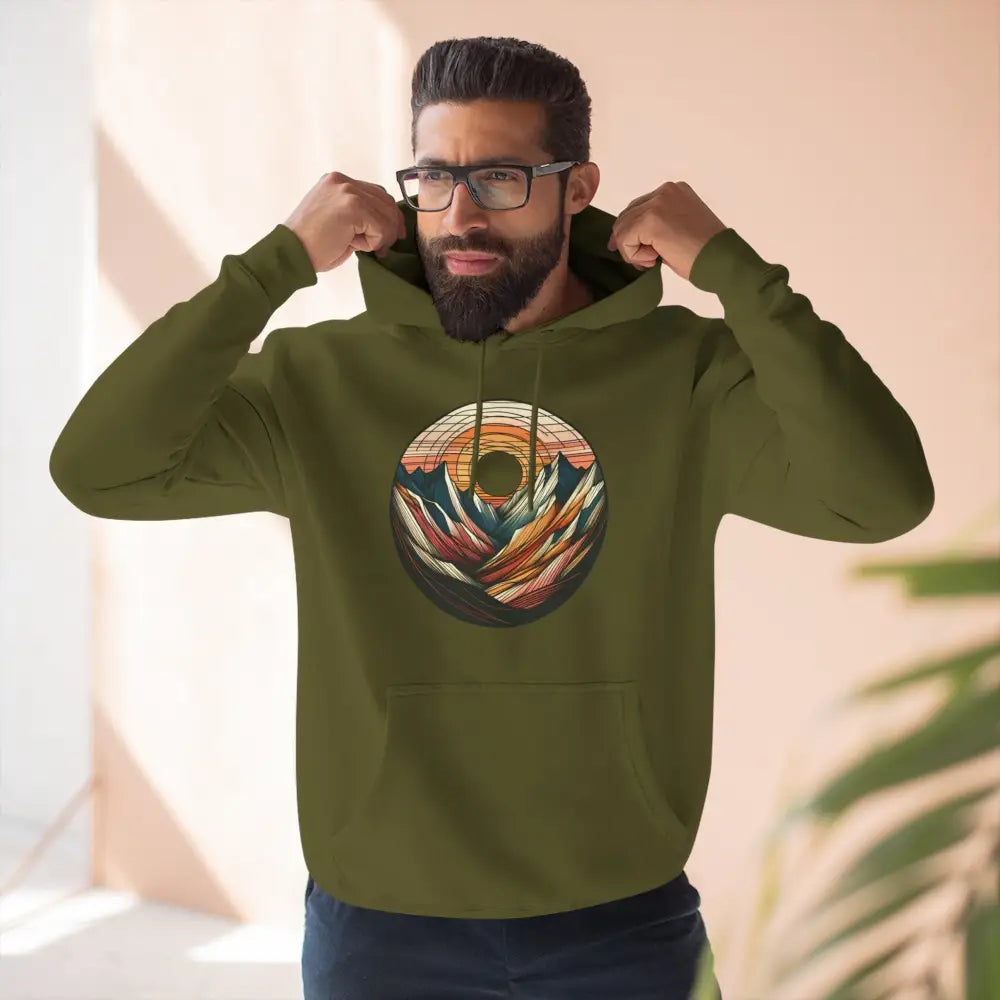 Men’s olive green three-panel fleece hoodie with colorful mountain sunset graphic and kangaroo pouch pocket