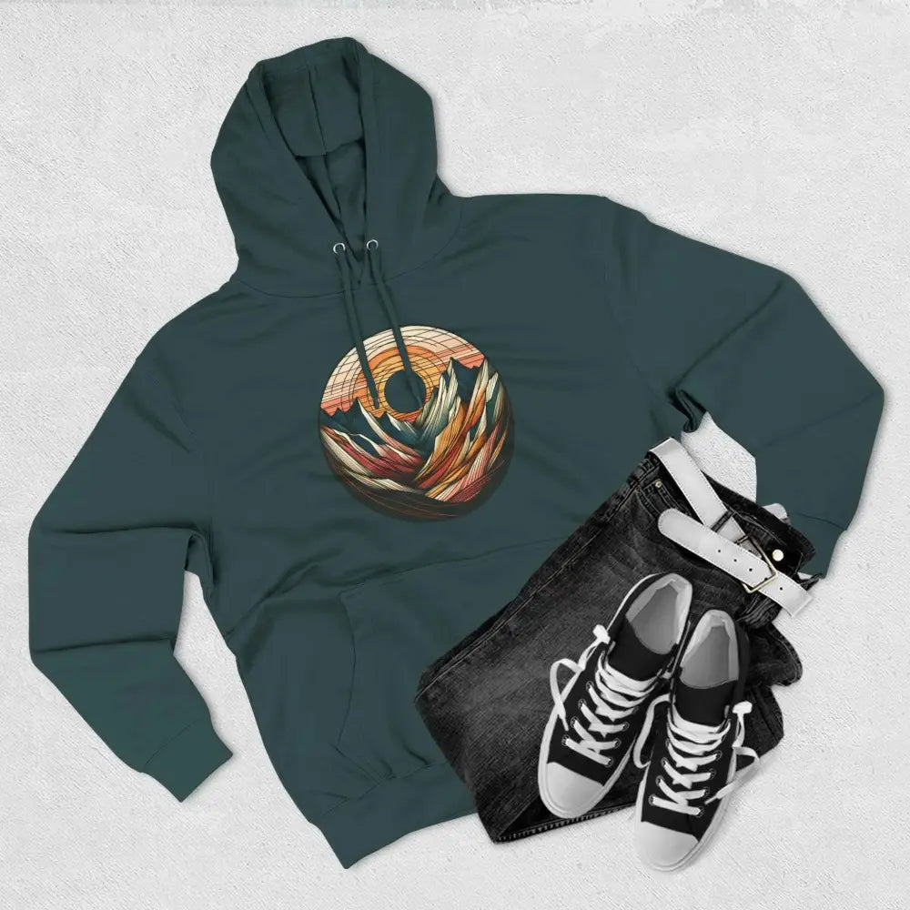 Dark teal Cozy Mountain Sunrise unisex hoodie with circular mountain sunset graphic, three-panel fleece, kangaroo pouch pocket, lane seven ls14001 outdoor apparel