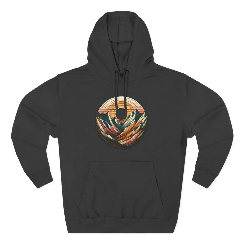 Dark gray three-panel fleece hoodie with mountain sunset graphic and kangaroo pouch pocket