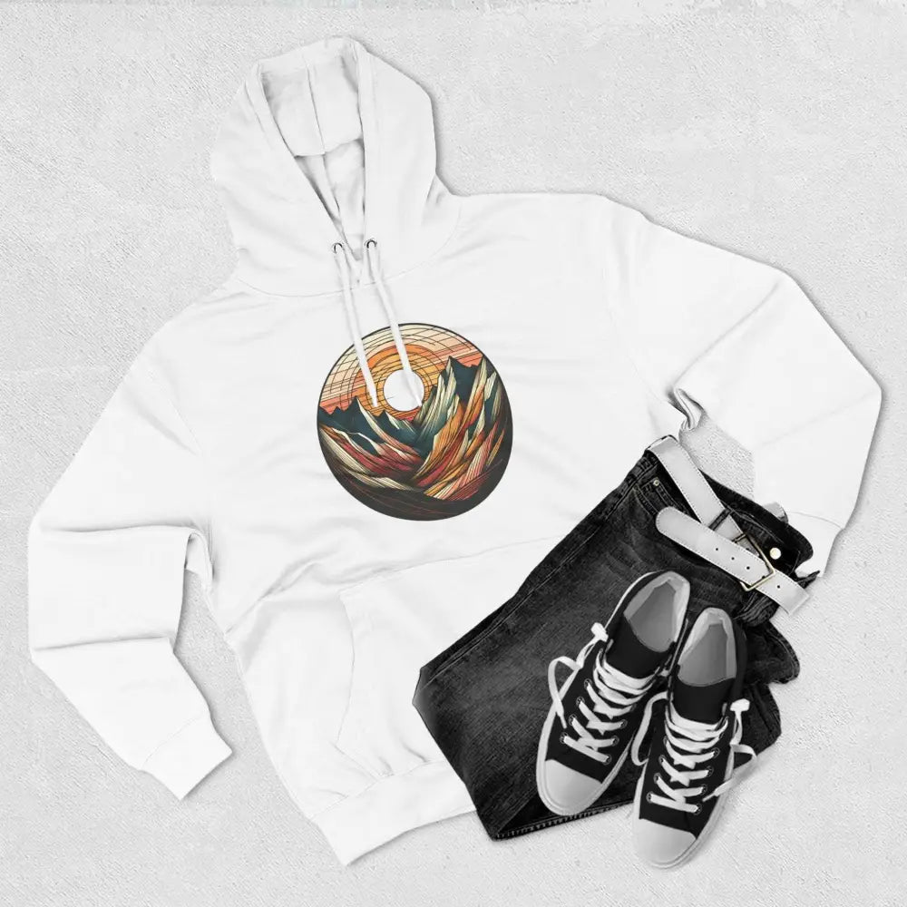 White Cozy Mountain Sunrise unisex hoodie with colorful sunset graphic, three-panel fleece, kangaroo pocket, lane seven ls14001