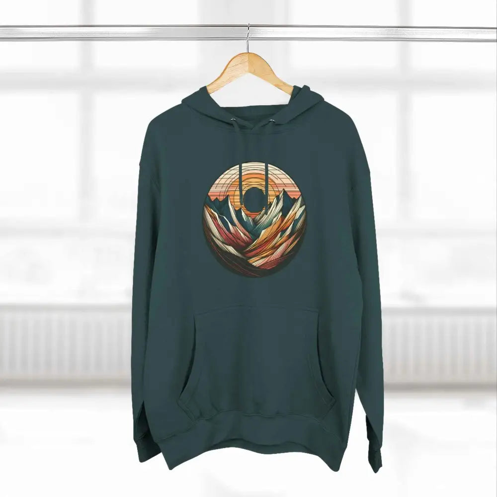 Dark teal Cozy Mountain Sunrise unisex hoodie with three-panel fleece, kangaroo pocket, lane seven ls14001 design