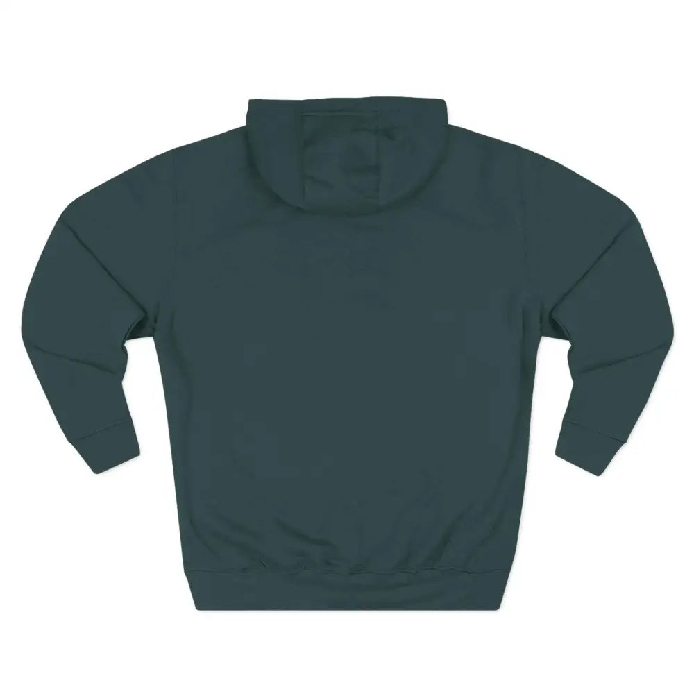 Dark teal three-panel fleece hoodie with kangaroo pouch pocket, viewed from the back