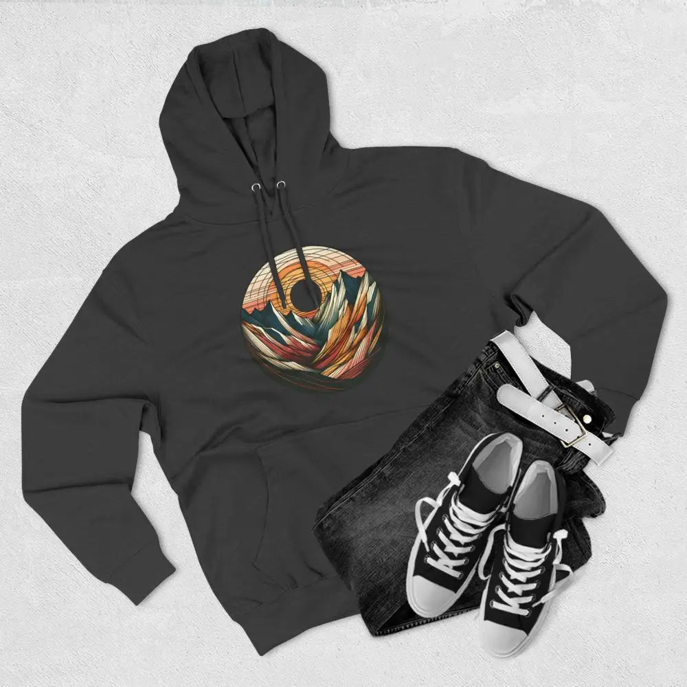 Dark gray three-panel fleece hoodie with mountain sunset graphic and kangaroo pouch pocket