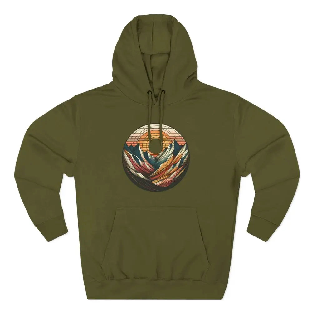 Olive green Cozy Mountain Sunrise unisex hoodie with three-panel fleece, kangaroo pocket