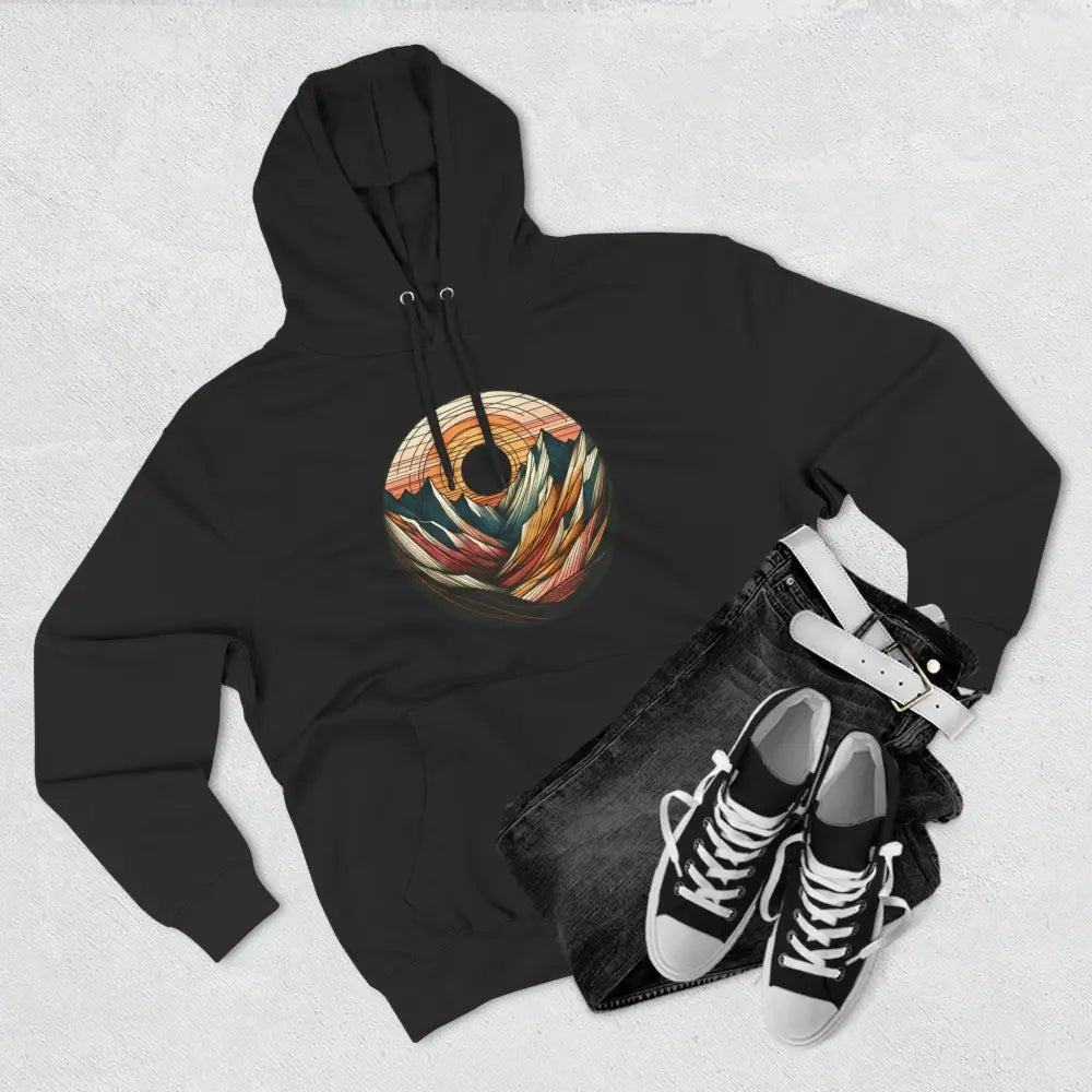 Black hooded three-panel fleece hoodie with mountain sunset graphic and kangaroo pouch pocket