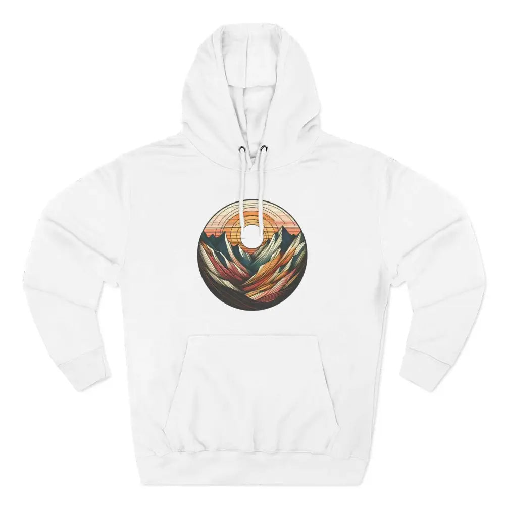 White three-panel fleece hoodie with mountain sunset graphic and kangaroo pouch pocket