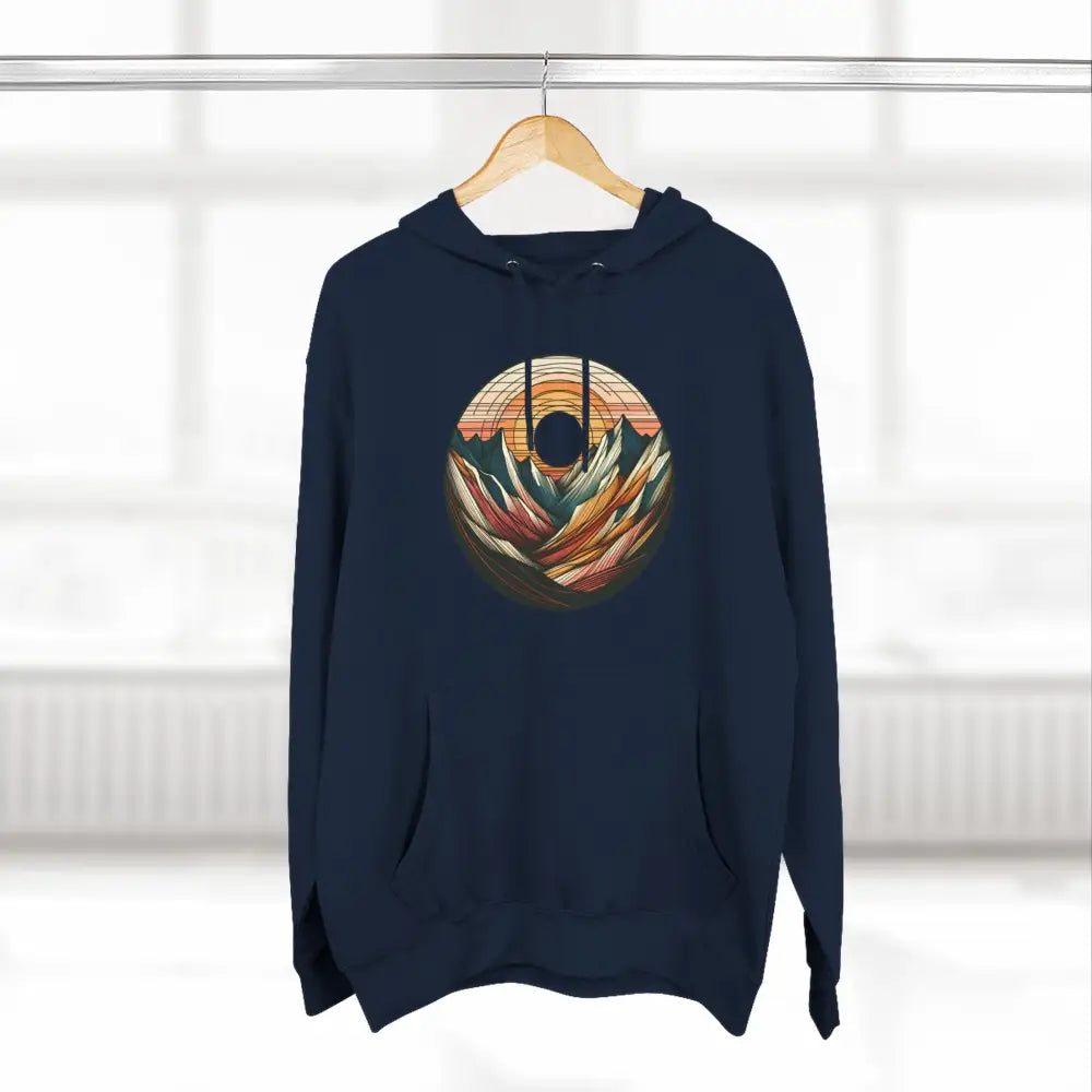 Navy blue three-panel fleece hoodie with mountain sunset graphic and kangaroo pouch pocket