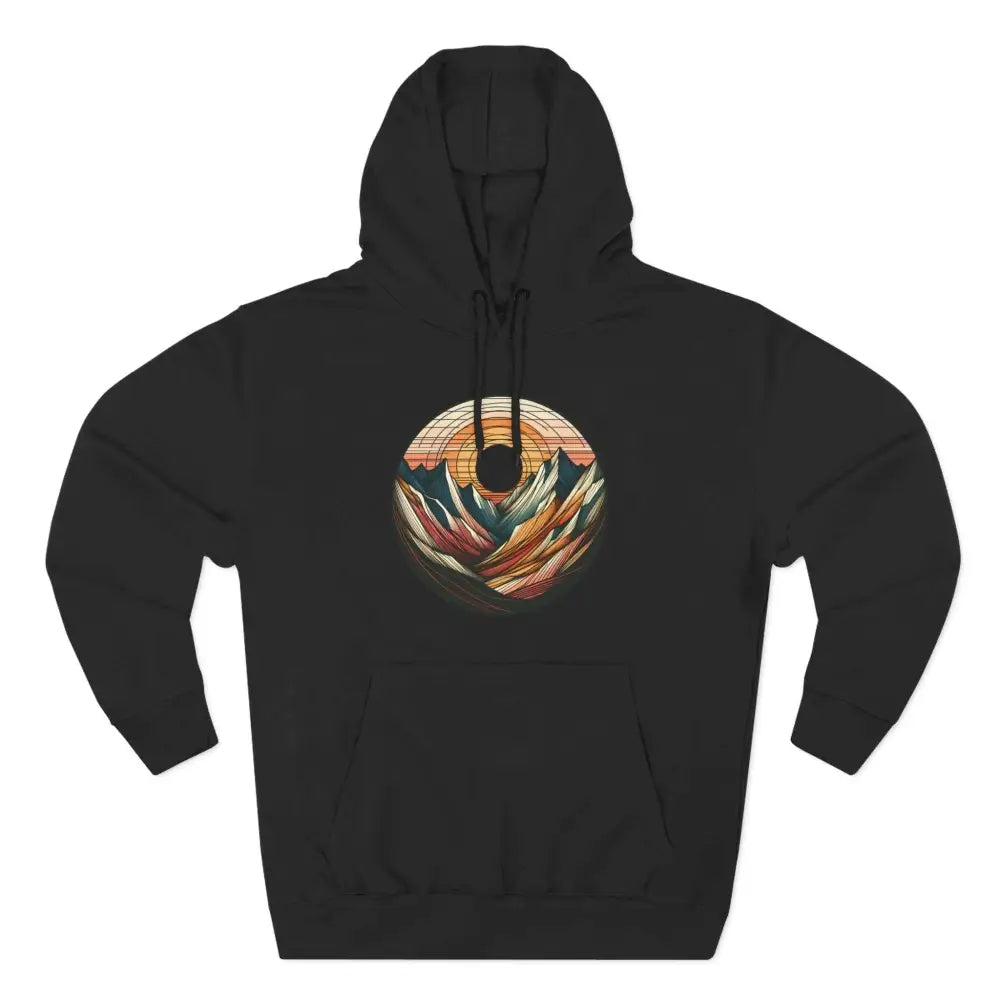 Black three-panel fleece hoodie with colorful mountain sunset graphic and kangaroo pouch pocket