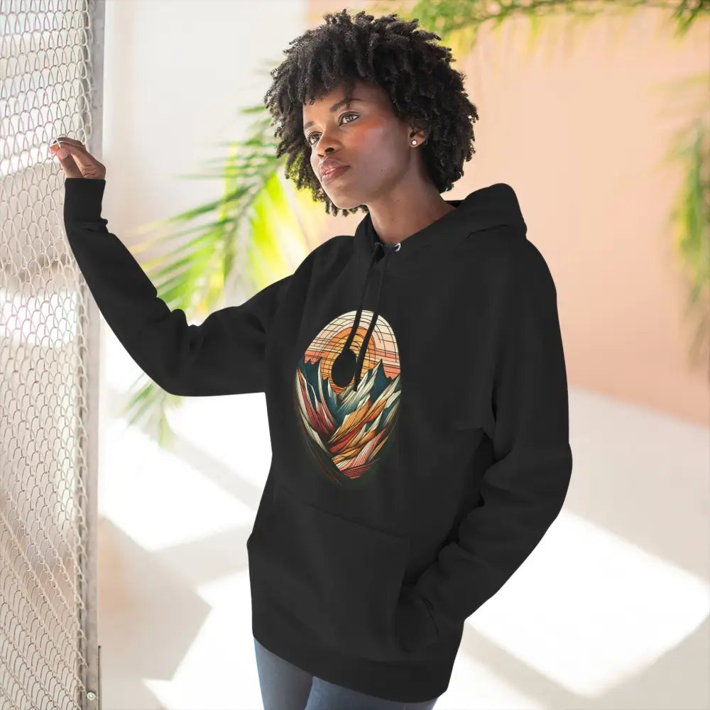 Black hooded sweatshirt with colorful abstract mountain sunset design, lane seven ls14001, three-panel fleece hoodie