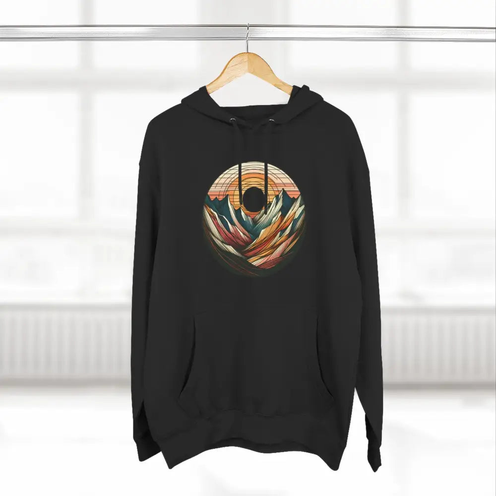 Black three-panel fleece hoodie with mountain sunset graphic and kangaroo pouch pocket