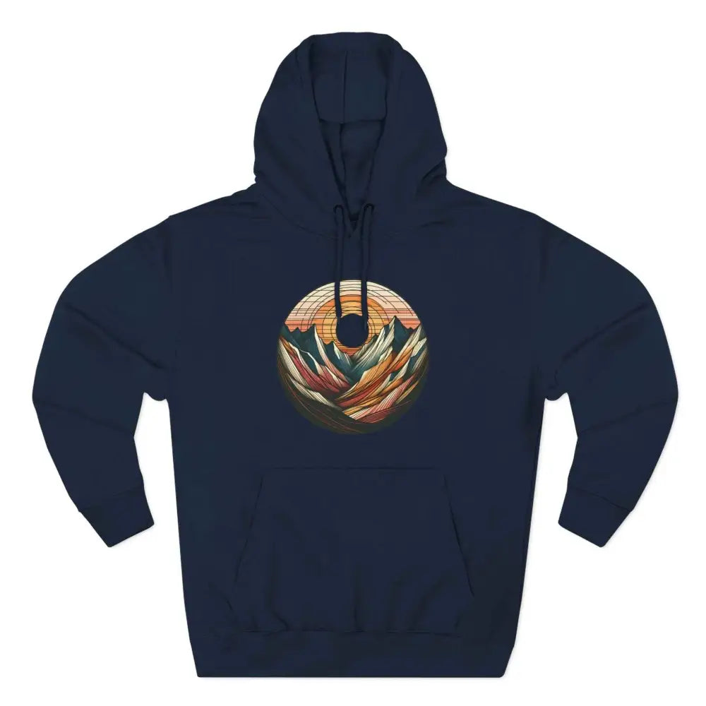 Dark blue three-panel fleece hoodie with mountain sunset graphic and kangaroo pouch pocket