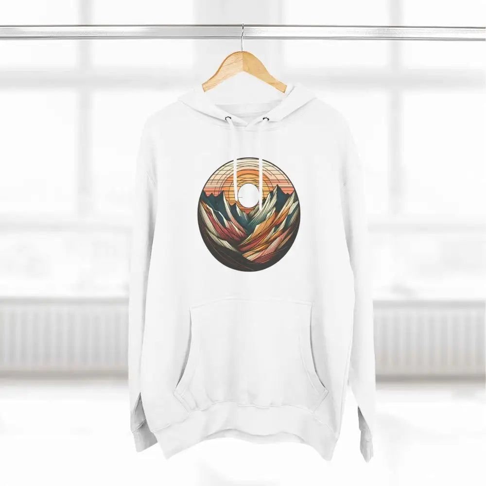 White three-panel fleece hoodie with mountain sunset graphic, kangaroo pouch pocket, lane seven ls14001