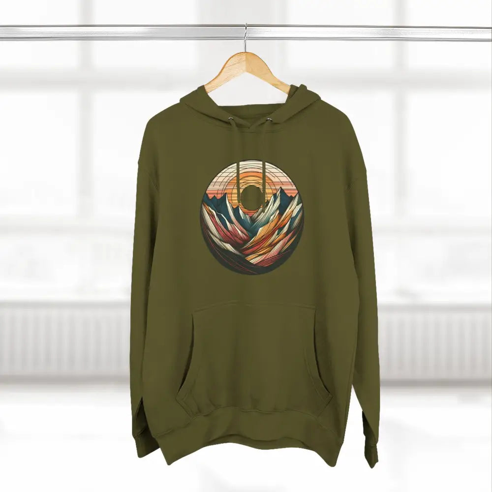Olive green three-panel fleece hoodie with mountain sunset graphic and kangaroo pouch pocket