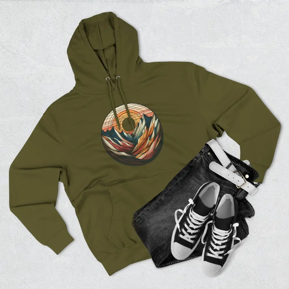 Olive green three-panel fleece hoodie with mountain sunset graphic and kangaroo pouch pocket