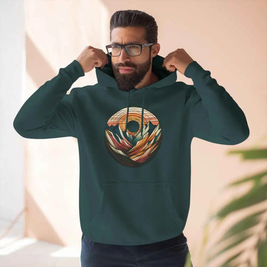 Men’s dark teal three-panel fleece hoodie with mountain sunset graphic and kangaroo pouch pocket