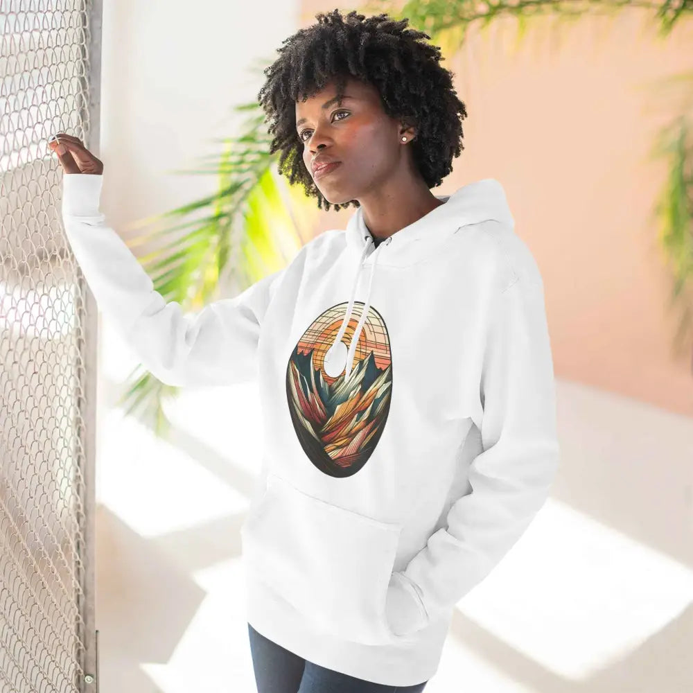 White three-panel fleece hoodie with colorful mountain sunset design and kangaroo pouch pocket