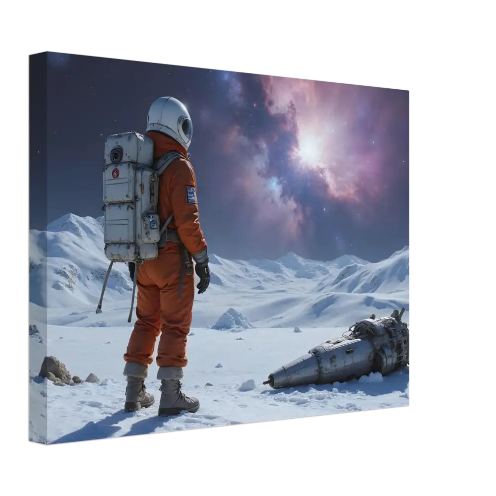 Crashed Astronaut Canvas featuring an astronaut in orange suit with damaged spacecraft