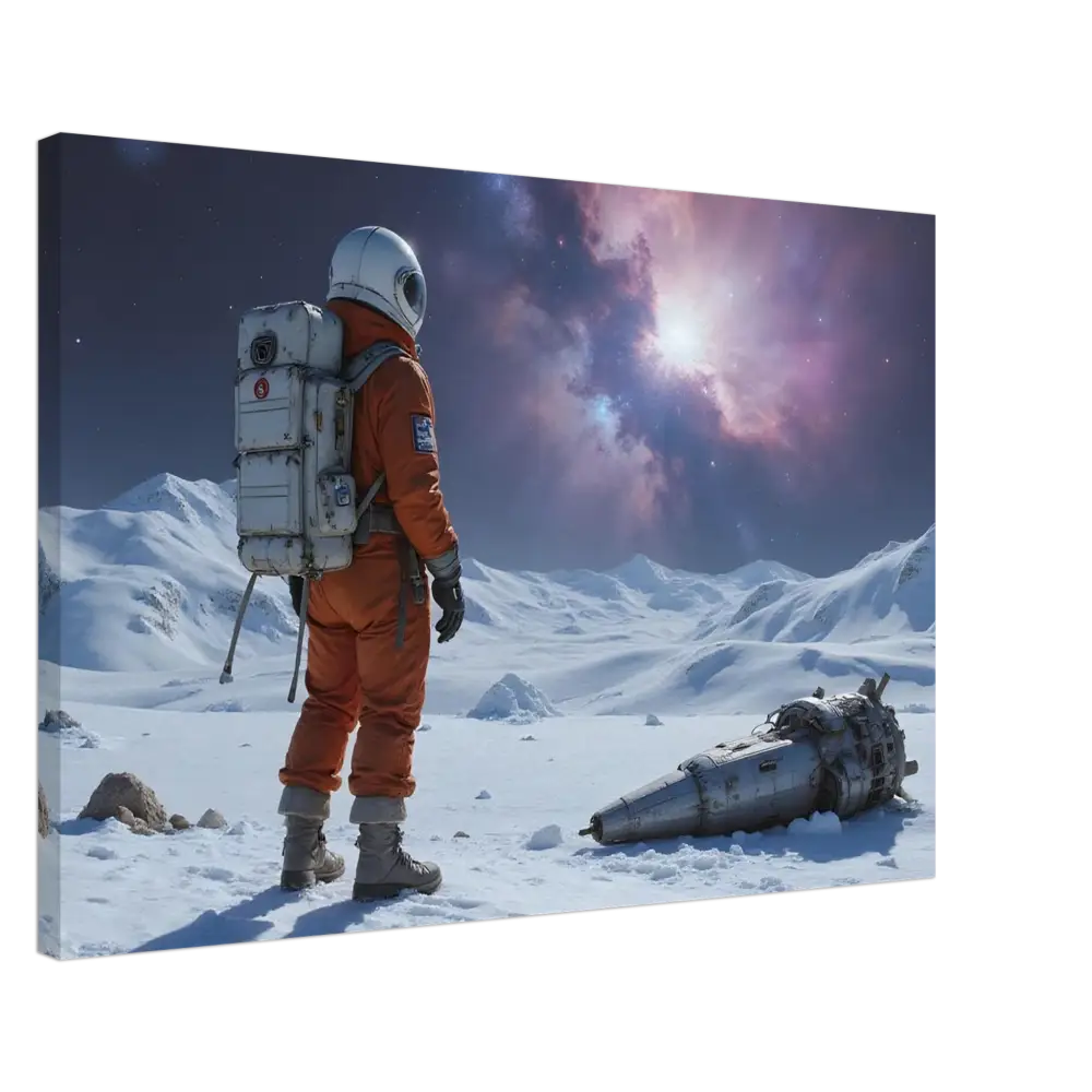 Crashed Astronaut Canvas Silent Descent PixiOnyx Wrapped Print featuring an astronaut in orange suit with backpack