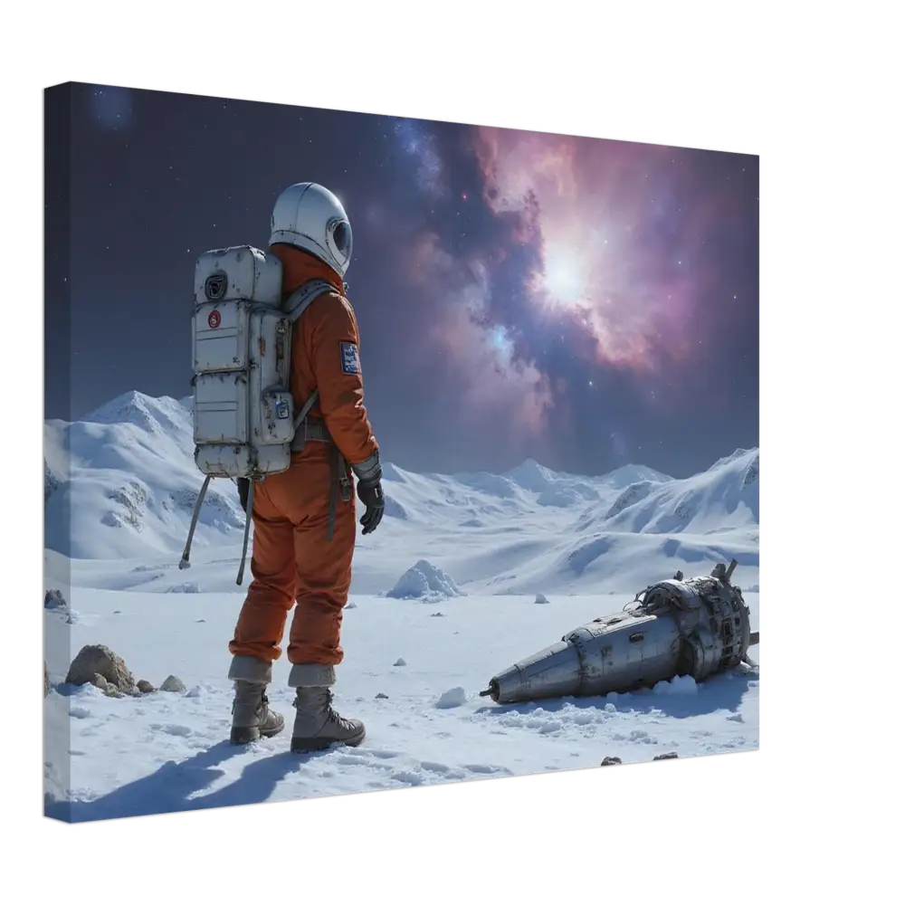 Astronaut in orange suit beside crashed spacecraft on PixiOnyx Canvas Silent Descent print