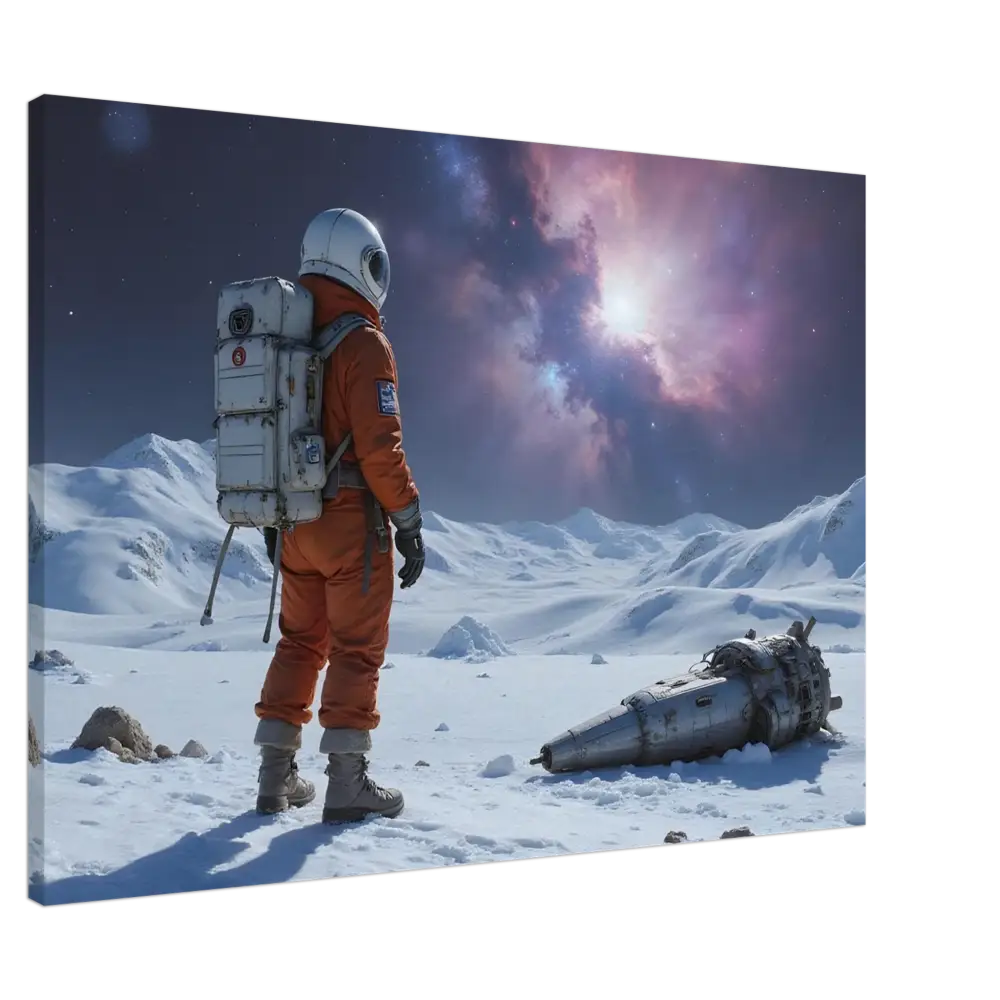 Crashed astronaut in orange suit beside spacecraft on Canvas Silent Descent PixiOnyx print