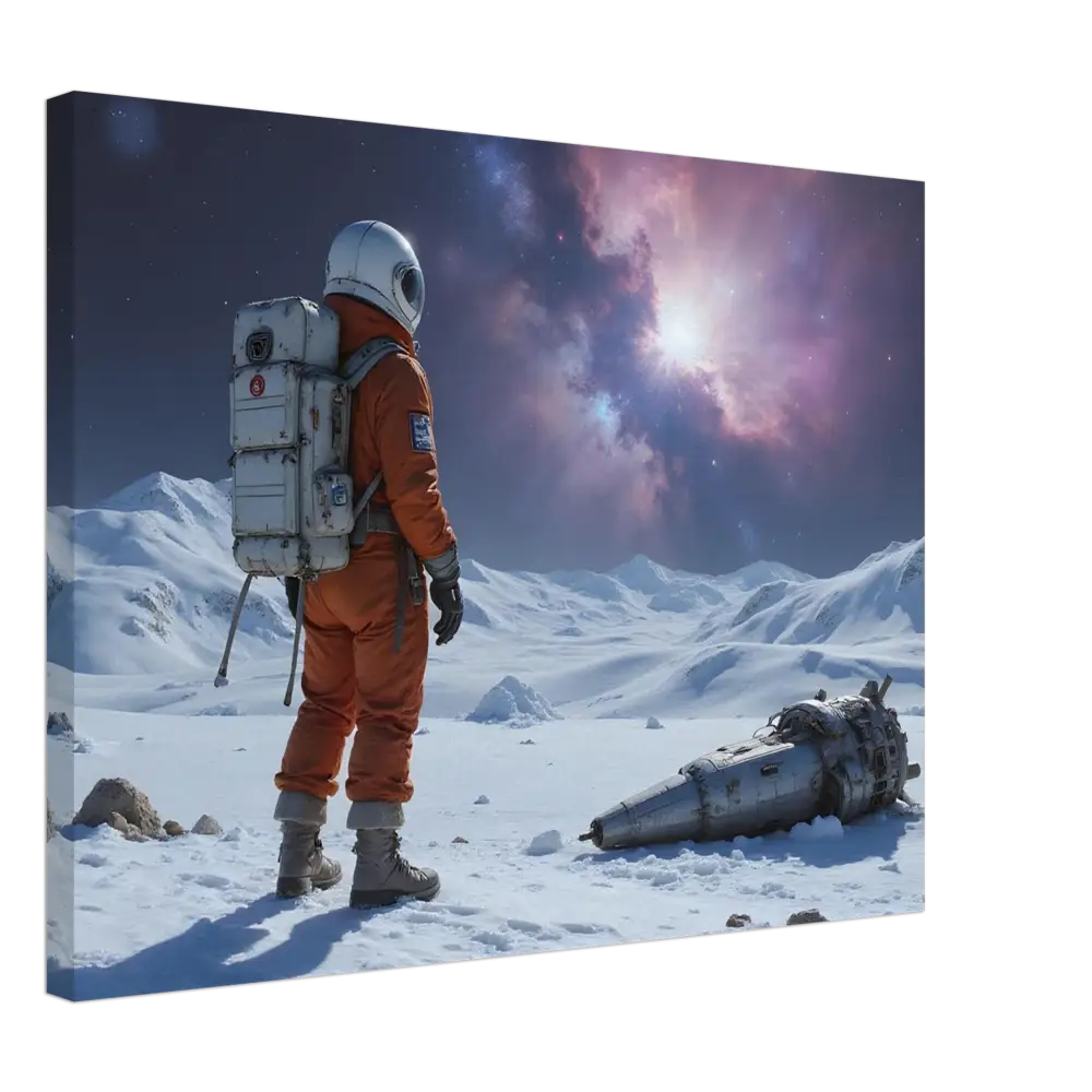 Crashed Astronaut Canvas Silent Descent with orange suit and backpack displayed on wall