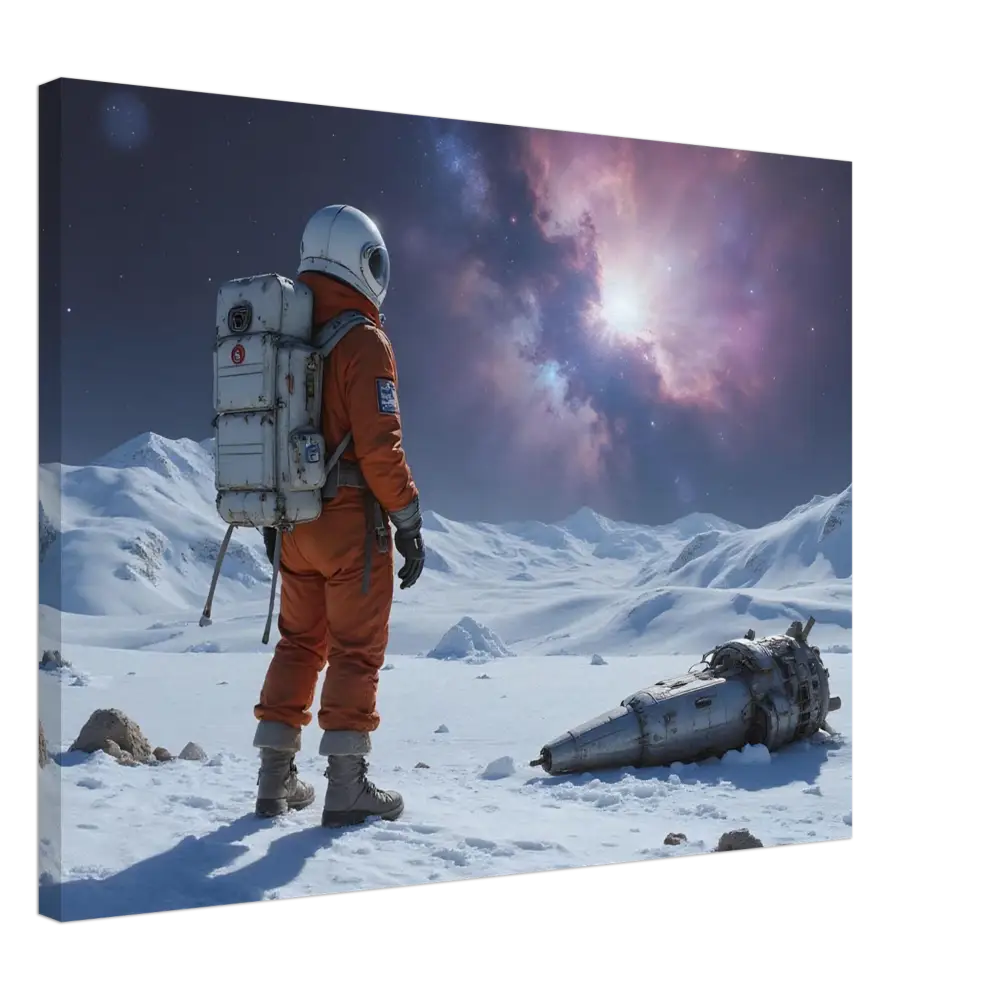 Crashed spacecraft with astronaut in orange suit on PixiOnyx Wrapped Print