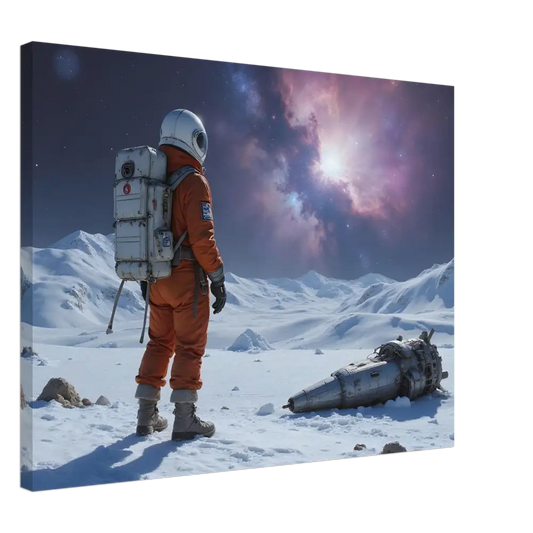 Crashed spacecraft with astronaut in orange suit on PixiOnyx Wrapped Print