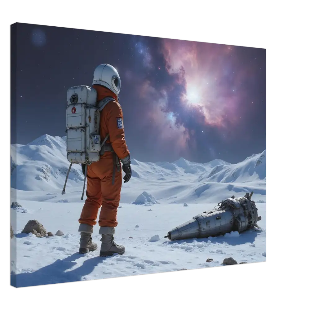 Astronaut in orange suit with crashed spacecraft on PixiOnyx Crashed Astronaut Canvas print