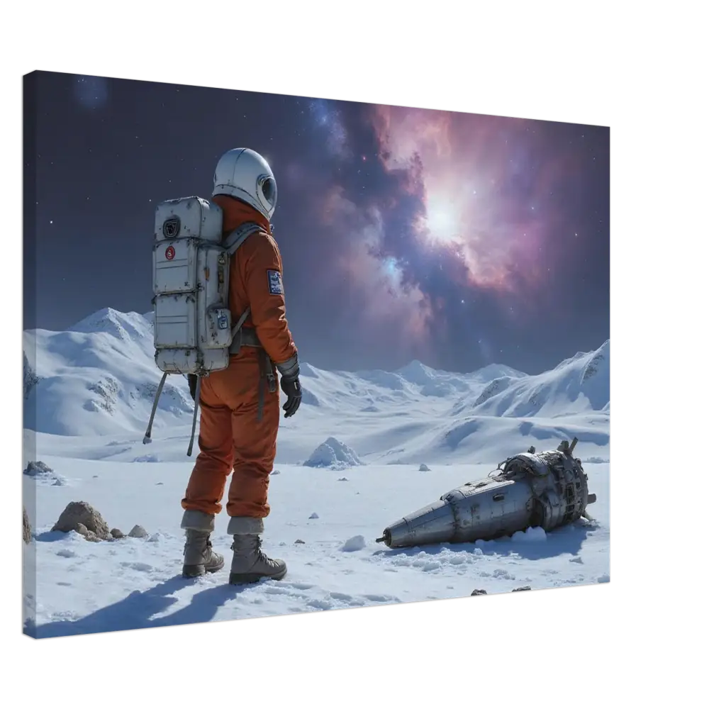 Crashed astronaut in orange suit beside damaged spacecraft on PixiOnyx Wrapped Print