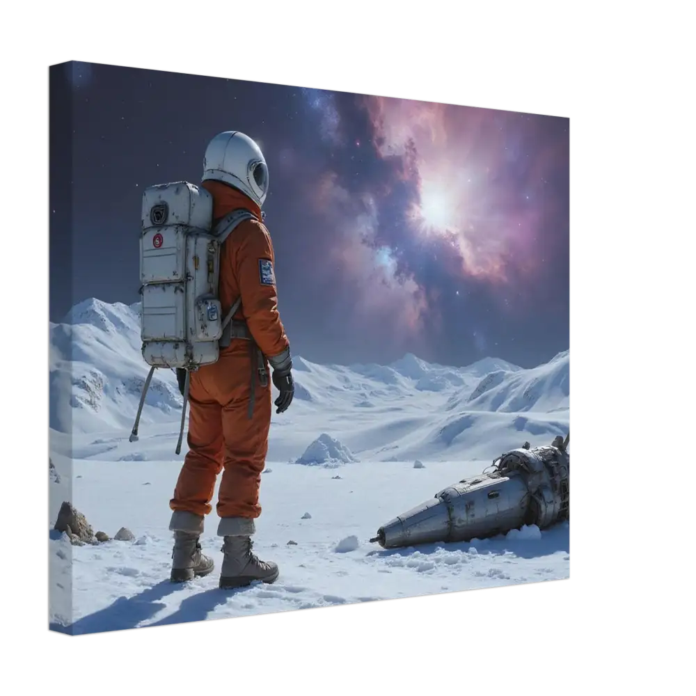 Astronaut standing on snowy alien terrain for Crashed Astronaut Canvas PixiOnyx print