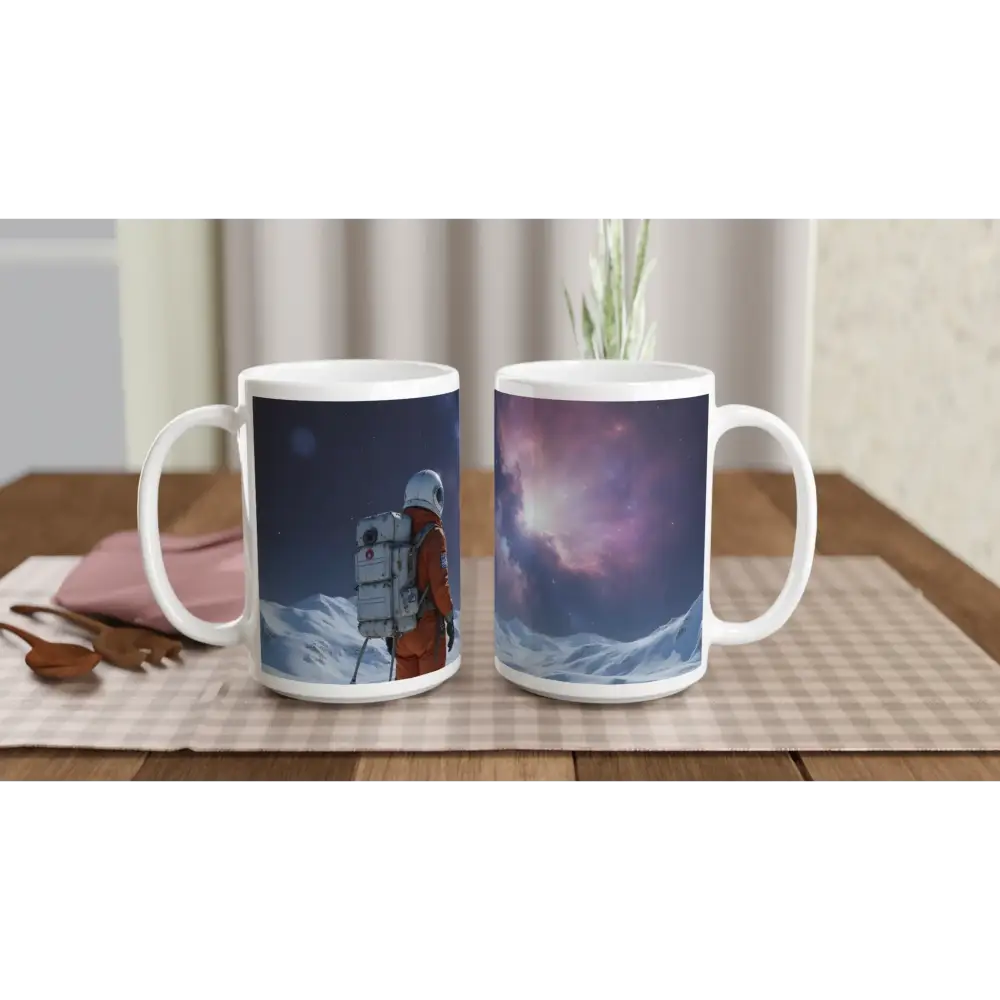 Astronaut-themed ceramic mug with cosmic design for Crashed Astronaut Mug – Cosmic Silence