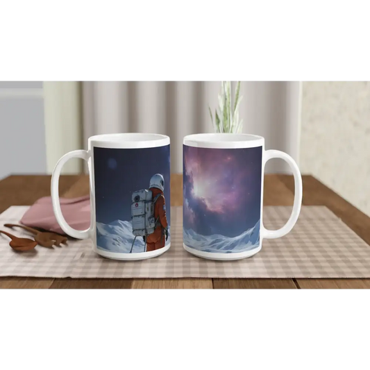 Astronaut-themed ceramic mug with cosmic design for Crashed Astronaut Mug – Cosmic Silence