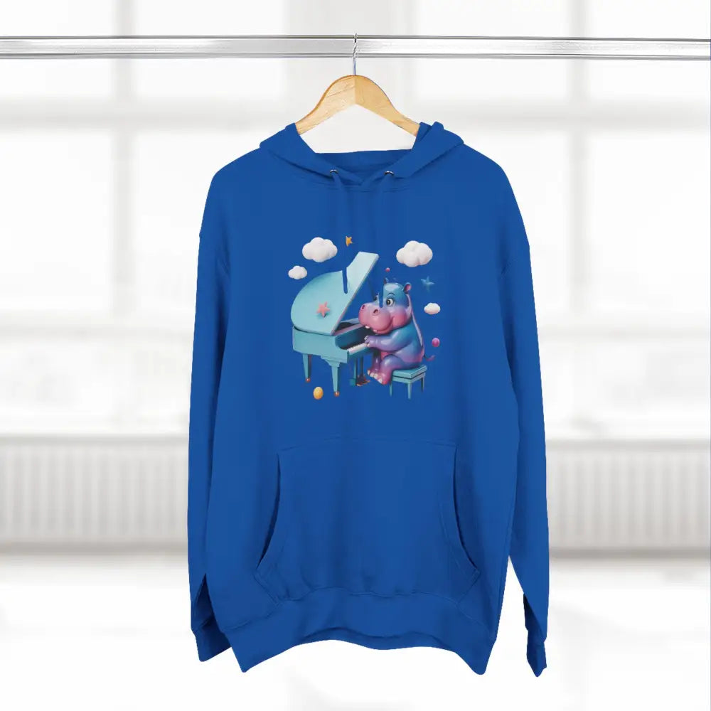 Blue fleece hoodie with cartoon hippopotamus playing piano, cozy and delightful fleece hoodie for kids and teens