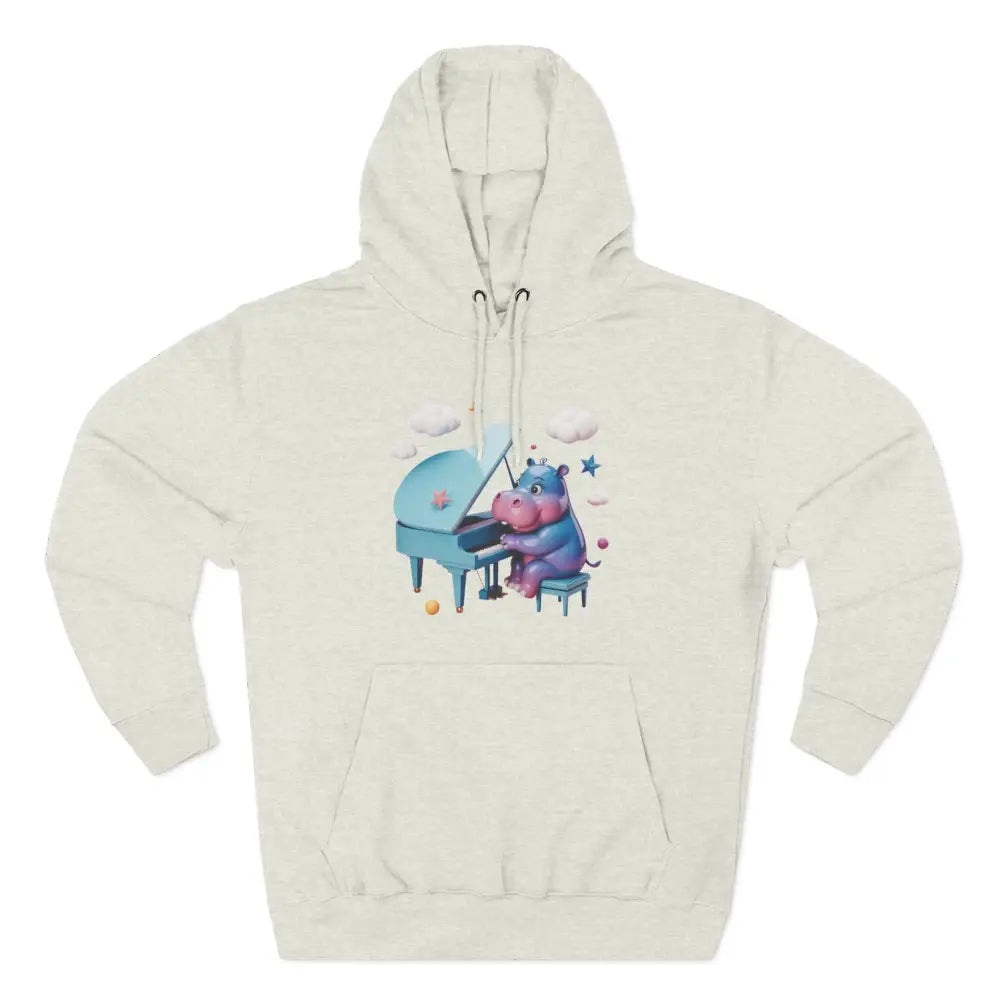 White fleece hoodie with a cartoon hippo playing piano, a delightful fleece hoodie for music lovers