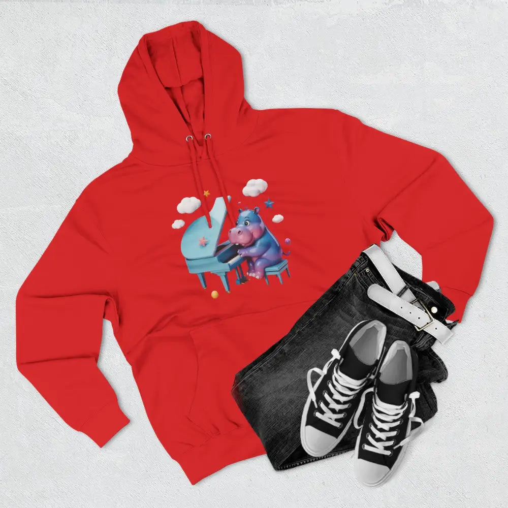 Red hoodie with whimsical hippopotamus playing piano design on a cozy fleece hoodie for kids