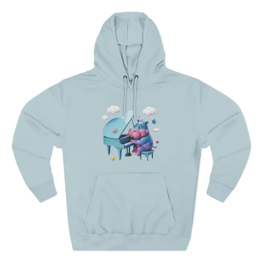Light blue fleece hoodie with a cartoon hippo playing piano, perfect for music lovers