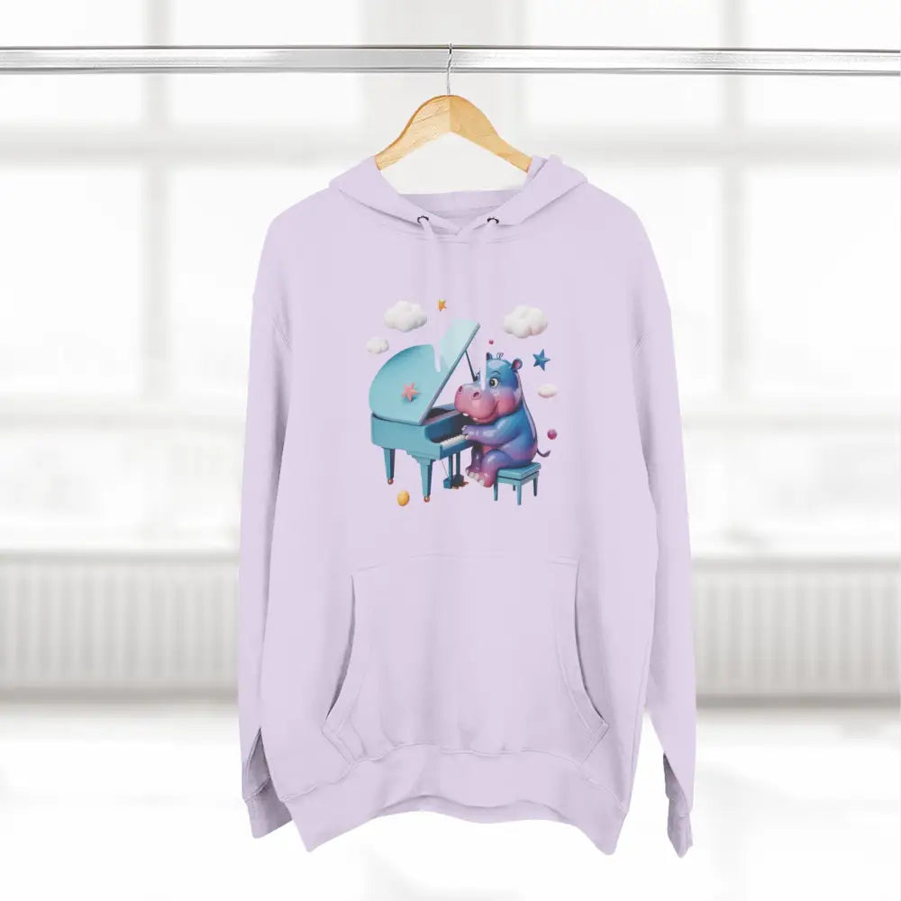 Light purple fleece hoodie with playful hippopotamus playing piano design, perfect for kids and teens