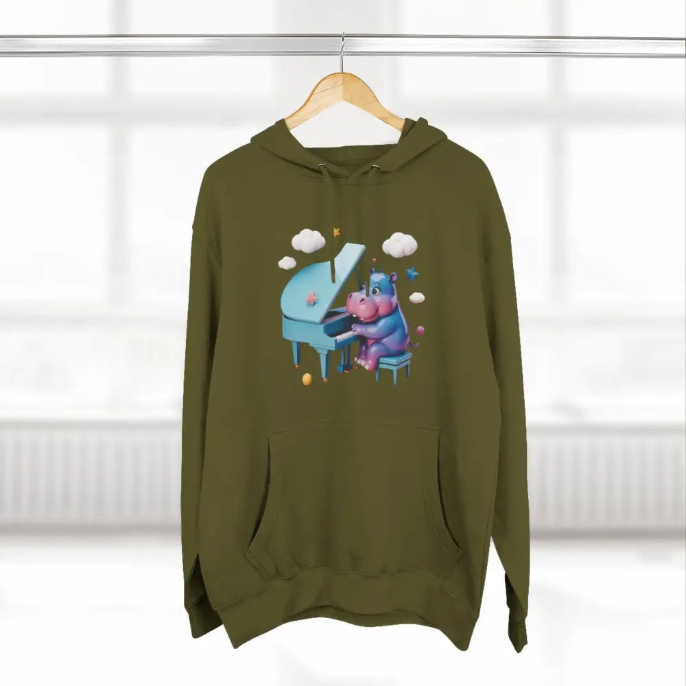 Olive green fleece hoodie with cartoon hippopotamus playing a light blue grand piano, cozy and delightful fleece hoodie for music lovers