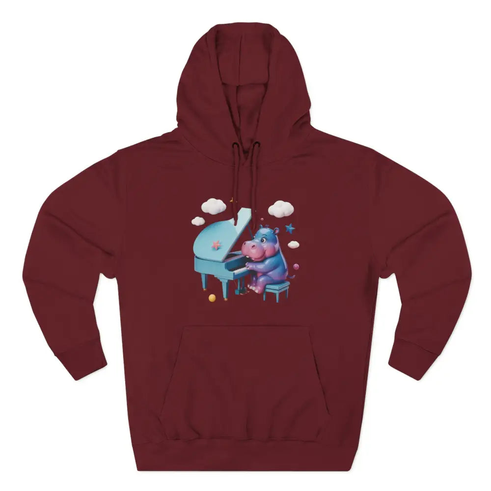 Maroon fleece hoodie with a cartoon hippo playing a light blue piano, perfect for music lovers