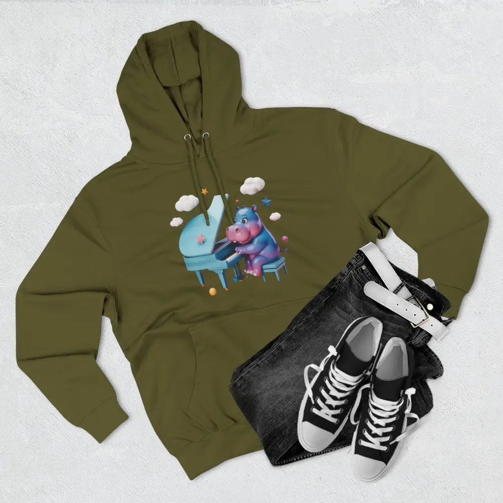 Olive green fleece hoodie with cartoon hippo playing piano, cozy gift for music lovers