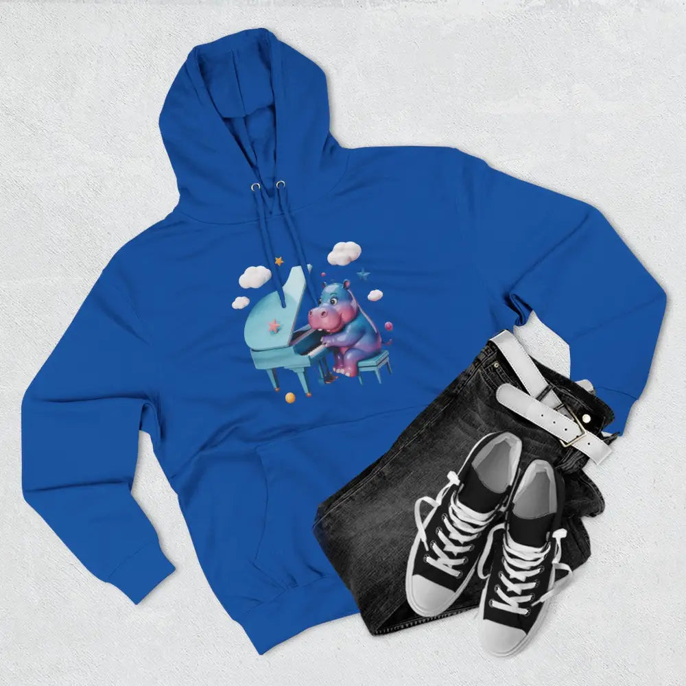 Blue fleece hoodie with cartoon hippopotamus playing piano, perfect for music lovers