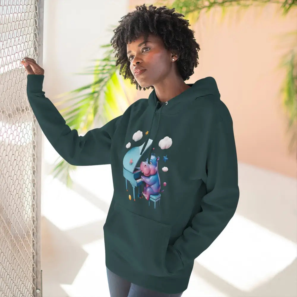 Dark green fleece hoodie with colorful cartoon hippo playing piano, cozy and playful design