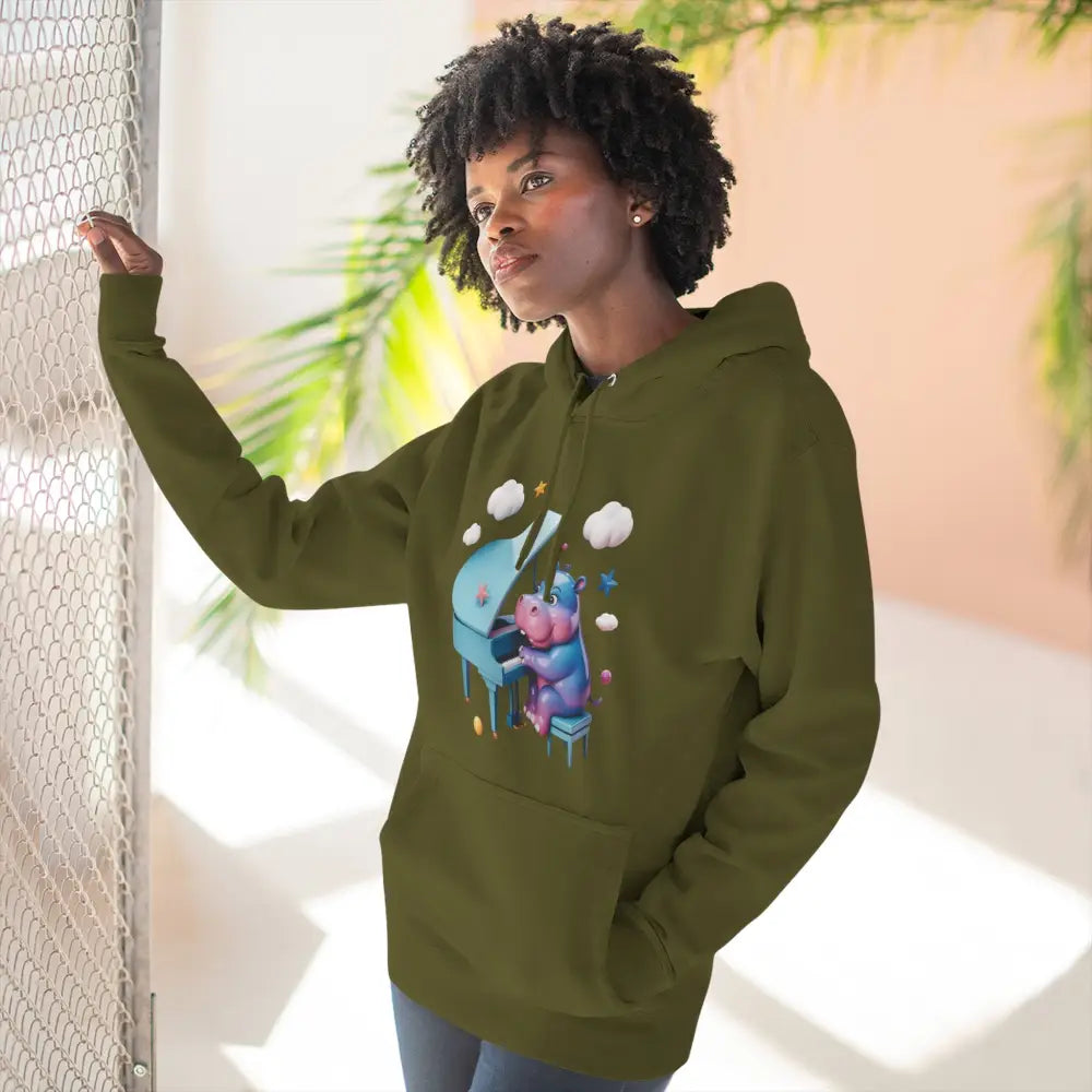Dark green fleece hoodie with playful hippo playing piano graphic, perfect for music lovers