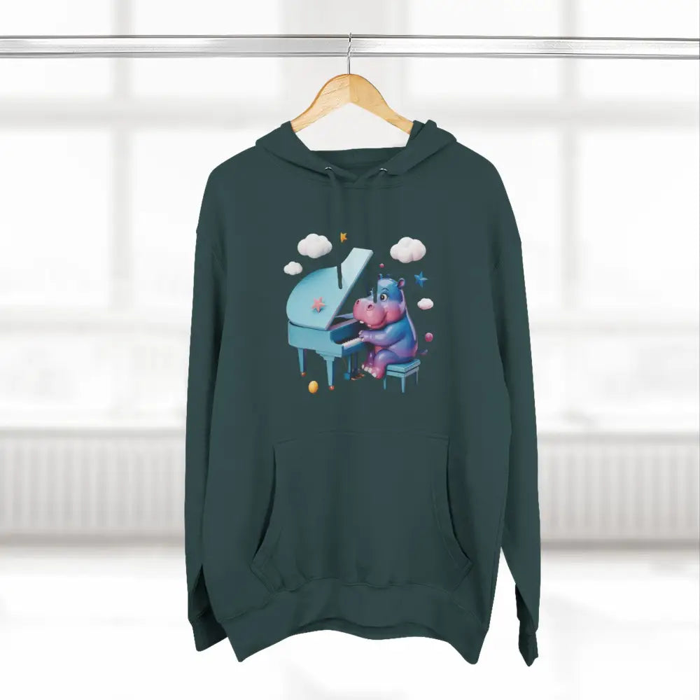 Dark green fleece hoodie featuring a playful hippopotamus playing a light blue grand piano perfect for kids and teens