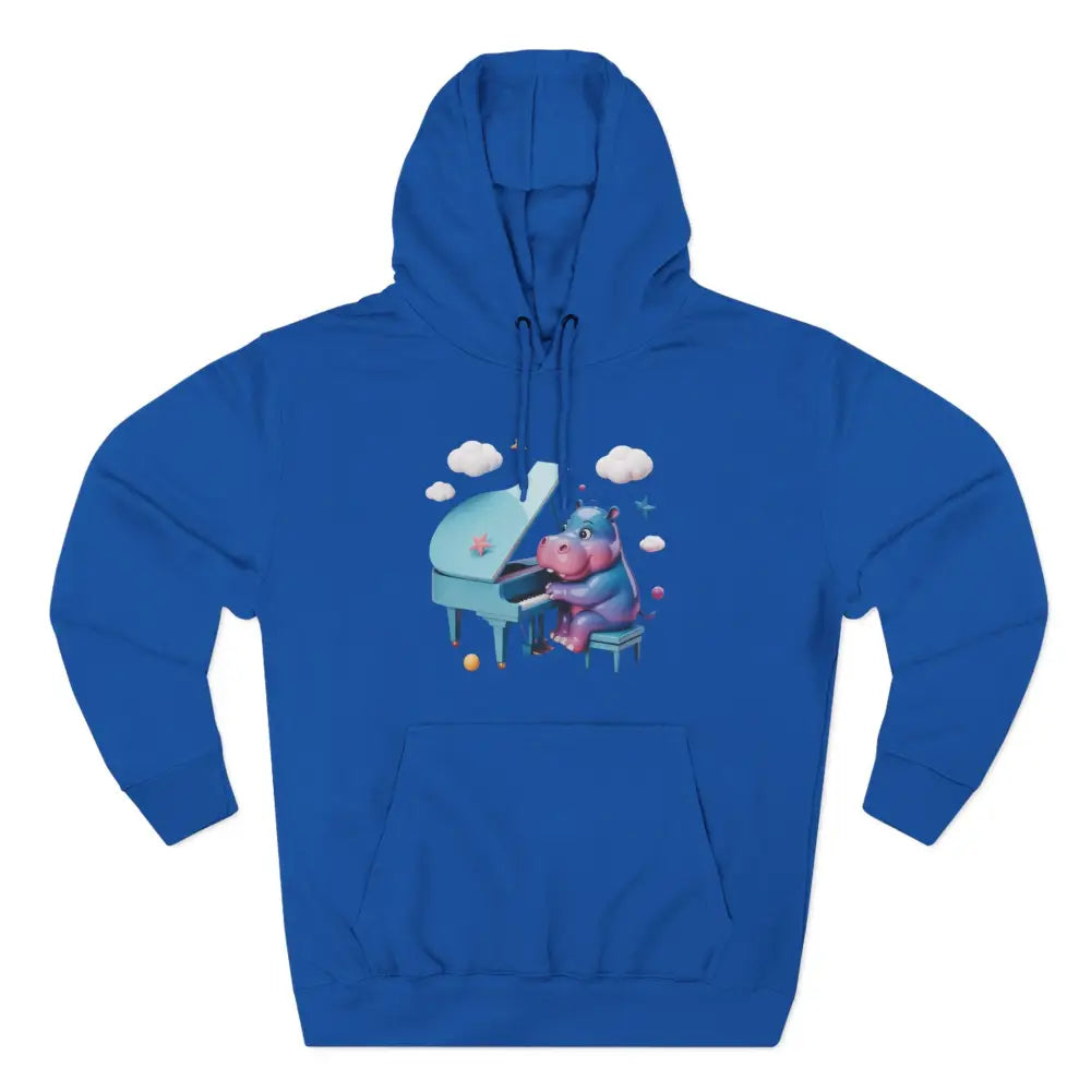 Royal blue fleece hoodie with whimsical hippo playing light blue grand piano, cozy fleece hoodie for kids and teens