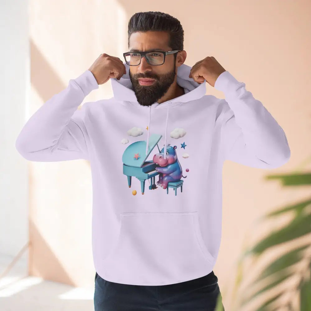 White fleece hoodie with a playful hippopotamus playing piano design, perfect for music lovers