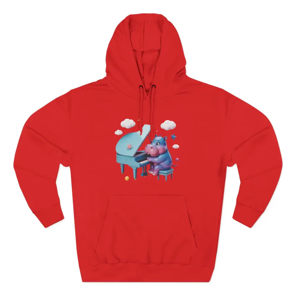 Red hooded fleece hoodie with playful cartoon hippo playing a light blue piano for kids and teens