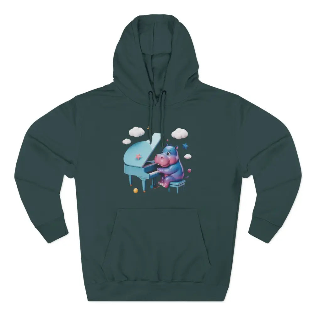 Dark green fleece hoodie with a hippopotamus playing piano graphic, perfect for music lovers